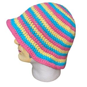 Handmade Crochet Striped Bucket Hat Cotton Adult pink yellow blue streetwear